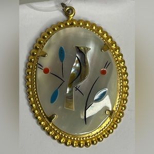 Vintage Mother Of Pearl Bird Abalone Inlay Gold Toned Pendant